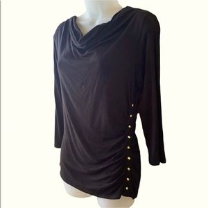 MICHAEL Michael Kors Black Drape Neckline 3/4 Sleeve Top Gold Buttons  Medium